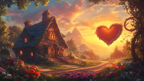 Storybook Haven: Where Love Blooms in Golden Sunset.