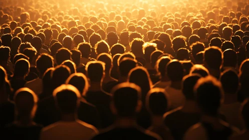 Golden evening crowd gathers together in warm glowing light