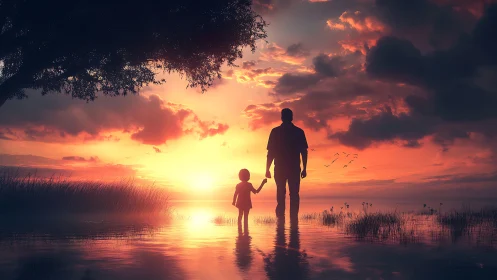 Sunset guardians wade through shimmering memories of light.