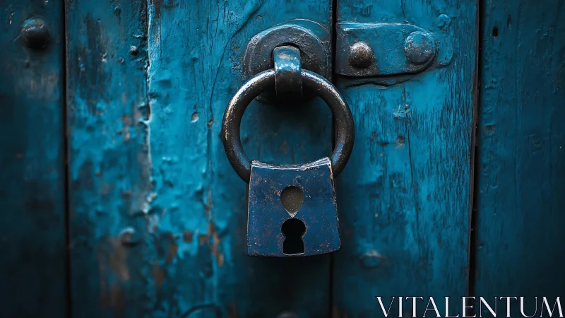 Weathered blue door holds a quietly steadfast metal padlock