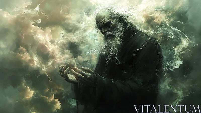 Ancient robed sorcerer shapes swirling stormlit clouds around hands