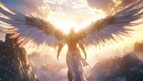 Radiant winged seraph silhouetted against blazing sunrise.