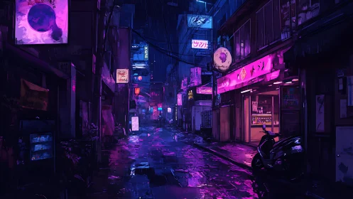Neon-soaked alleyway renders cinematic nocturnal rain scene