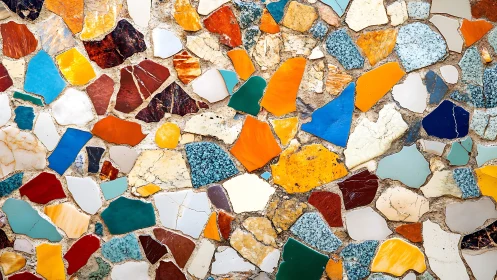 Colorful Abstract Mosaic Wall with Irregular Ceramic Tiles.
