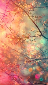 Backlit spring branches dissolve into prismatic bokeh haze