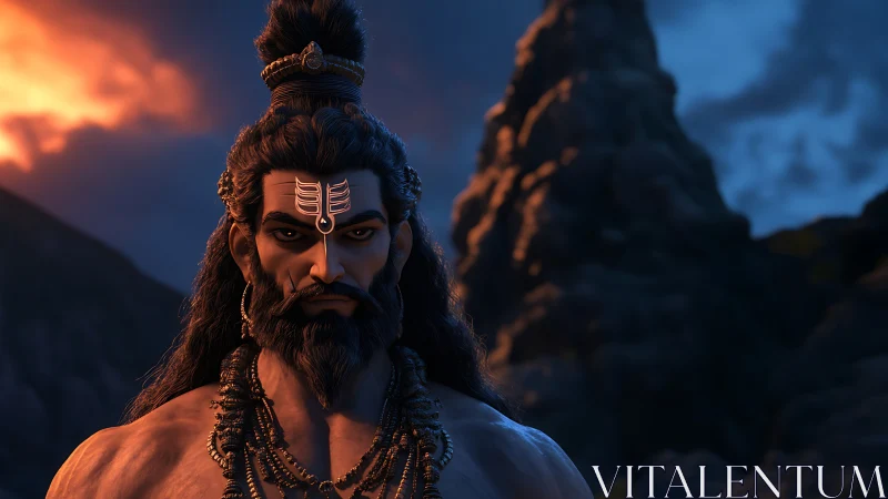 Mythic warrior sage in dusk-lit mountains, high-detail 3D render