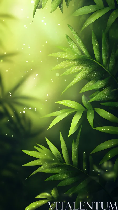 Lush green leaves shimmer softly in dreamy forest light.