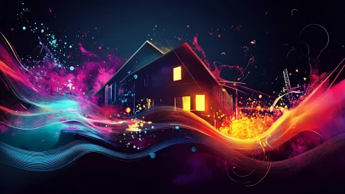Colorful abstract house with glowing windows at night.