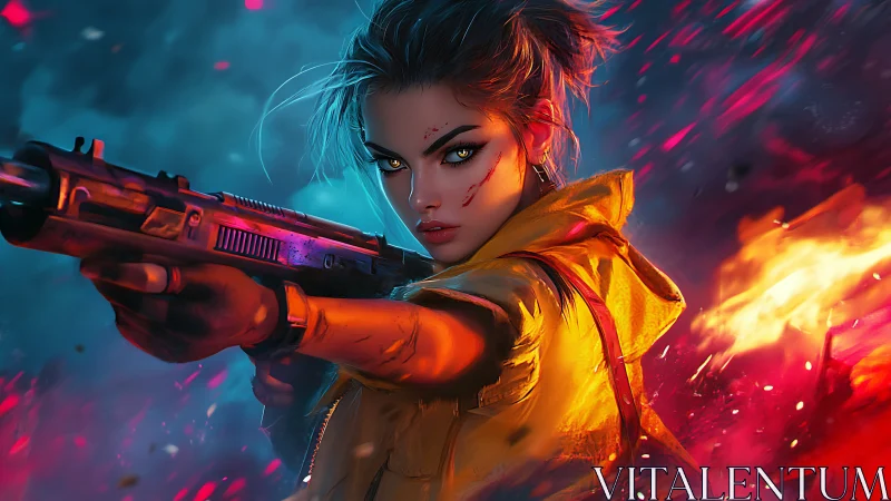Armed woman in yellow jacket amid neon firestorm environment.