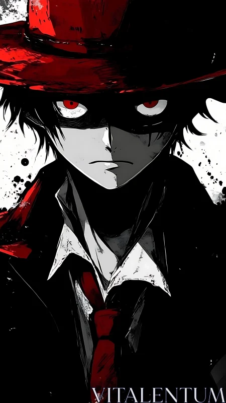 Masked figure in red hat and tie on stark monochrome field.