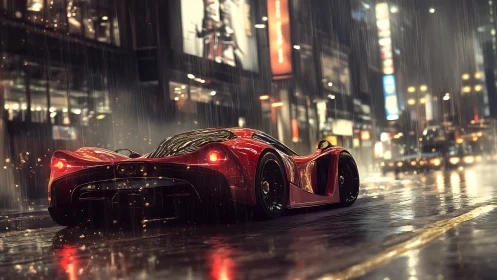Midnight red supercar glows on a rainy neon city street