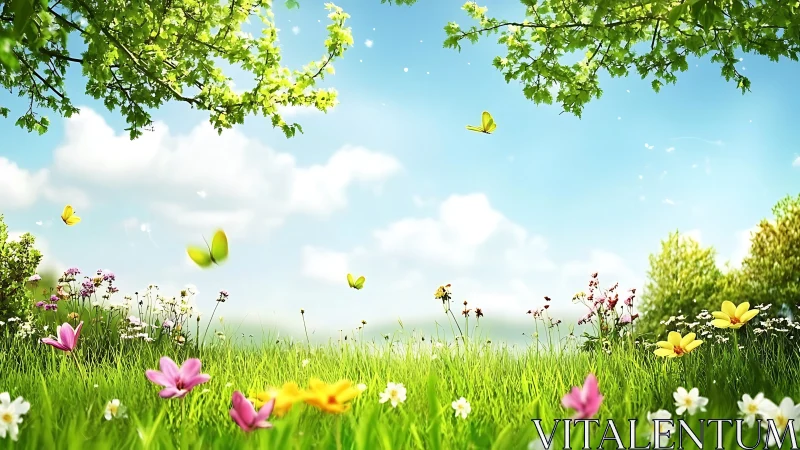 Sunny meadow daydream with drifting butterflies and blooms.