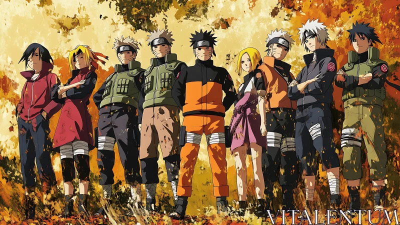 Anime team lineup under autumn foliage, frontal ensemble framing.