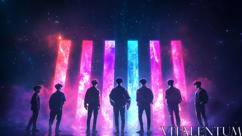 Silhouetted group before neon space portals at night.