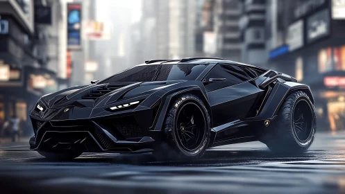 Aggressively faceted black hypercar with widebody aero in wet city