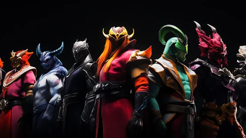 Line-up of armored fantasy champions under dramatic rim lighting