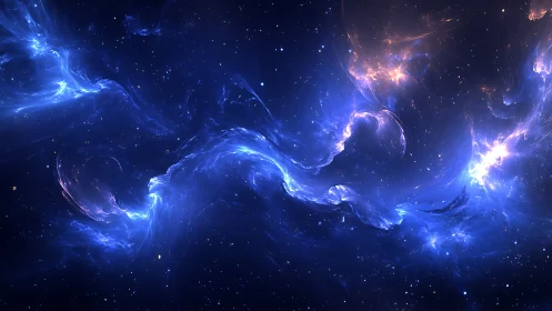 Swirling blue nebula clouds stretch across deep star field.