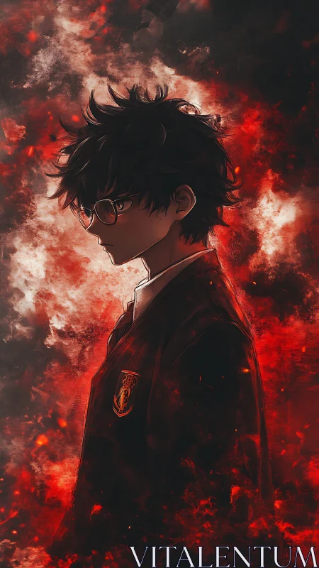Side-profile anime student stands amid dense red smoke