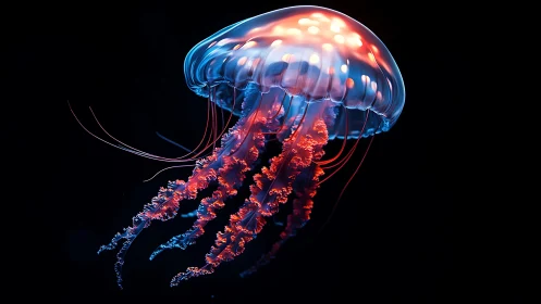 Neon jellyfish drifts like a cosmic lantern in midnight water