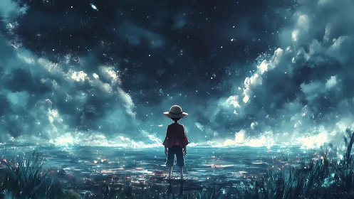 Lone straw‑hat silhouette surveying luminescent storm horizon.