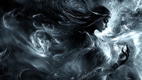 Ethereal female silhouette commands swirling spectral energy