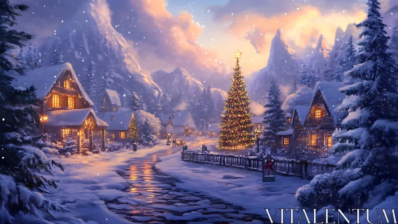 Snowy village street centers tall decorated Christmas tree