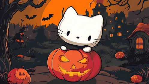 Cartoon cat character positioned on pumpkin in Halloween landscape setting.