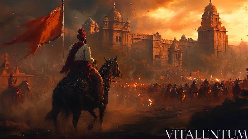 Mounted warrior leads cavalry charge toward fortified palace