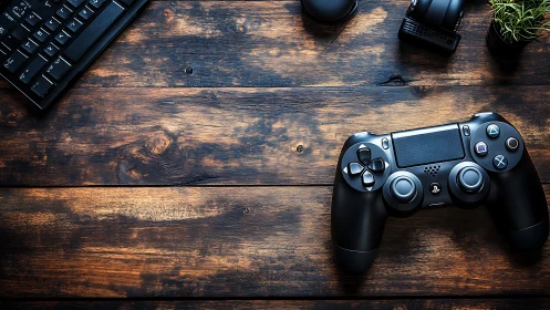 Gamepad on rustic wooden desk with sleek gaming gear.