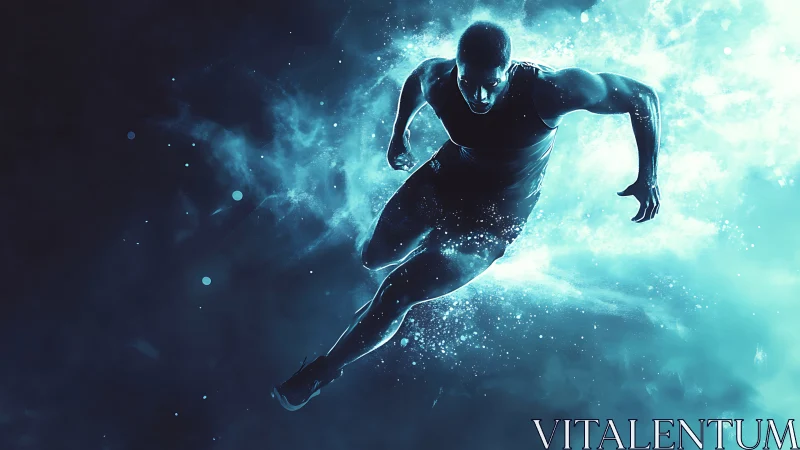 Digital runner silhouette in teal motion cloud background.