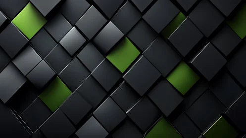Geometric black cubes with green insets in diagonal grid.