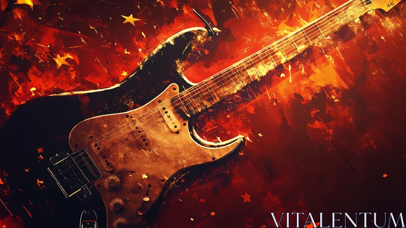 Weathered electric guitar on abstract red star field.