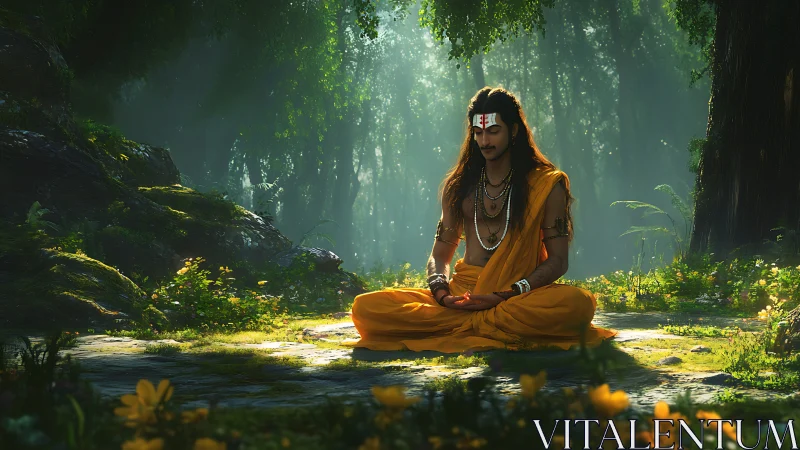 Forest meditation with serene sage in golden morning light.