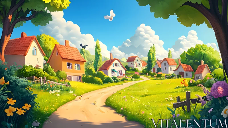 Sunlit stylized village road with saturated colors and soft shading