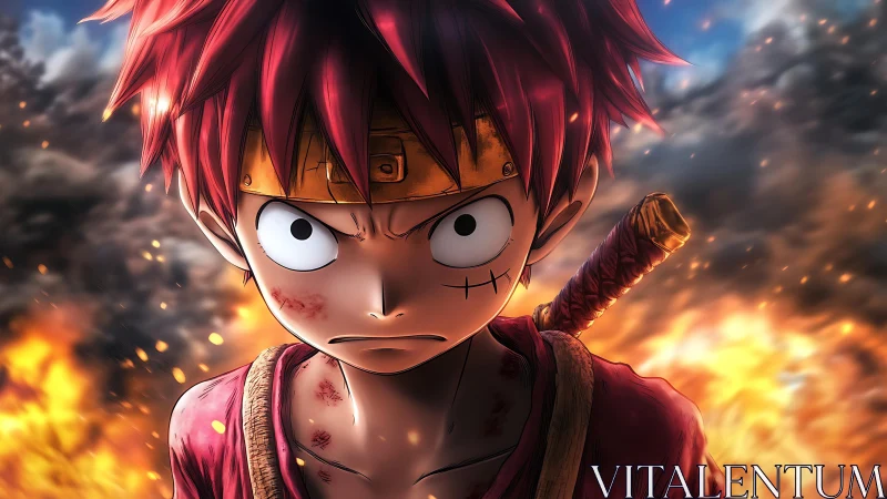 Battle-scarred anime warrior stands amid raging firestorm.