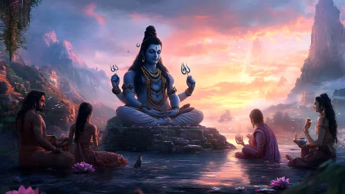 Lord Shiva meditates at sunset as seekers gather in reverence