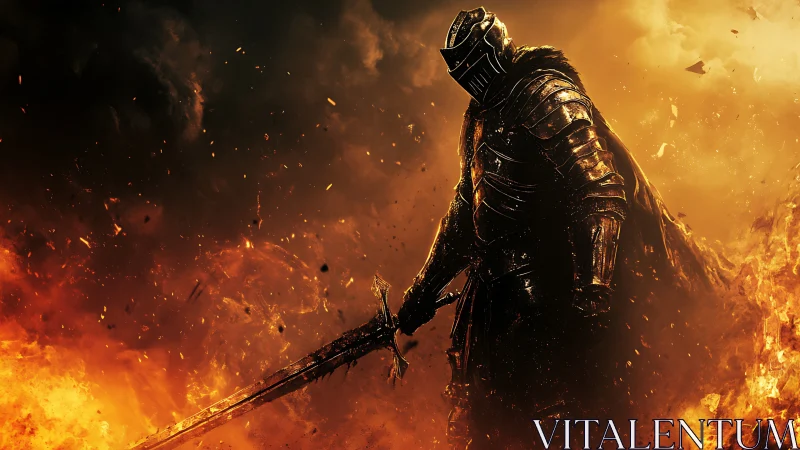 Stoic armored knight stands tall amid roaring battle flames