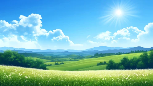Sunny rolling hills under clear blue summer sky.