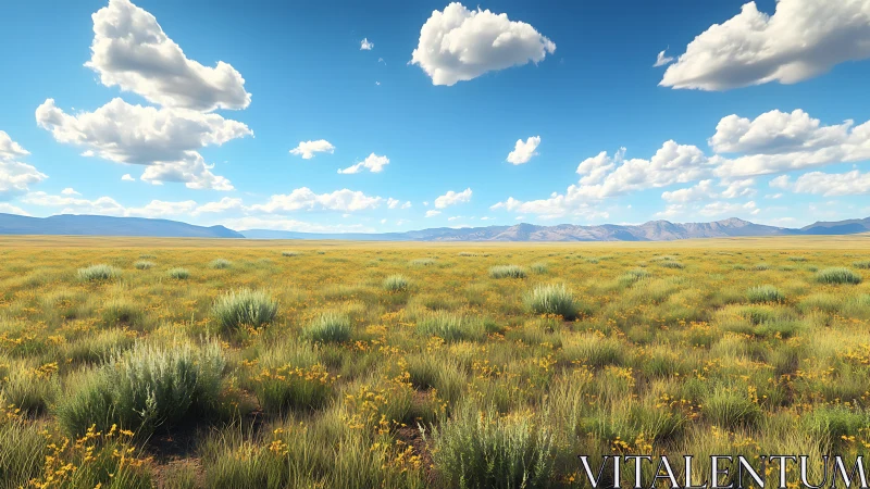 Wide open grassland plain under blue sky and clouds.