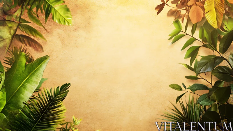 Tropical foliage frames warm textured parchment center.