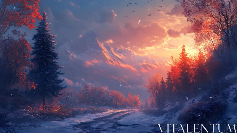 Sunlit winter valley glows beneath dramatic mountain skies