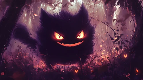 Bioluminescent ghost creature stalking through ember-lit forest