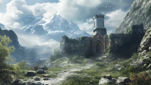 Mountain citadel ruins glow beneath drifting storm clouds.