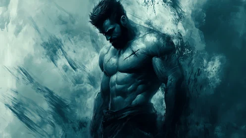 Brooding muscular man in blue abstract digital artwork.