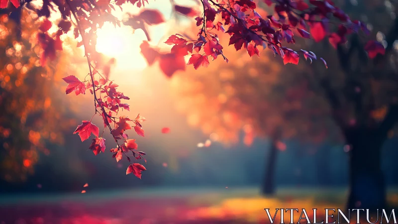 Backlit crimson maple leaves in soft-focus autumn park scene.