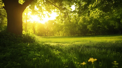 Golden morning light over a peaceful forest meadow.