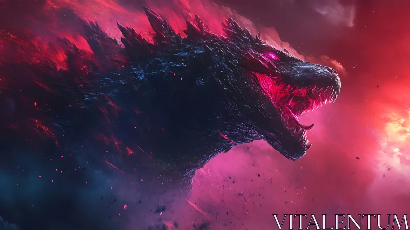 Colossal neon kaiju roars through incendiary cosmic storm