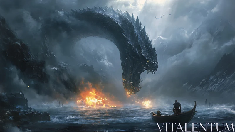 Colossal sea dragon descends on burning fjord in storm.