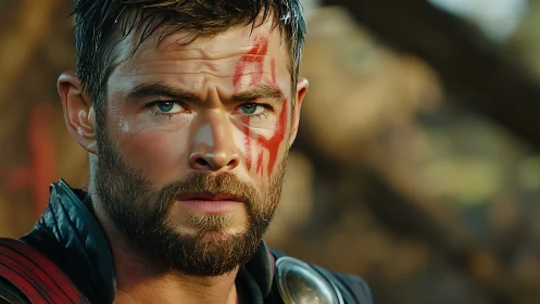 Bearded warrior portrait with red facial paint in focus.