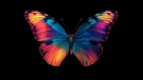 Radiant neon butterfly on deep black digital backdrop.
